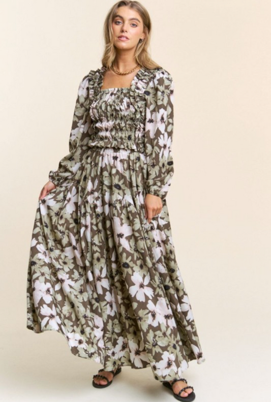 Brown Floral Print Shirt & Skirt Set