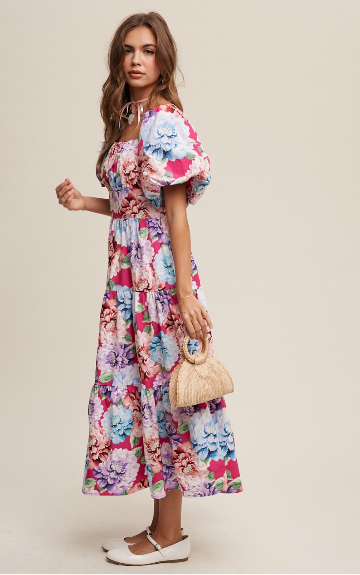 Flower Print Puff Sleeve Maxi Dress