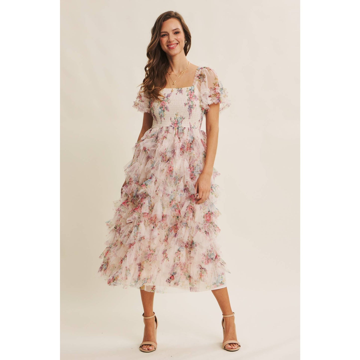 Floral Smocked Ruffle Midi