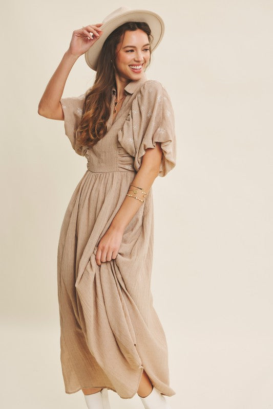 Tan Embroidered Textured Midi