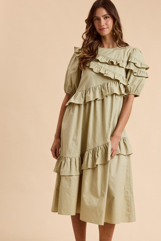 Sage Ruffle Trim Midi