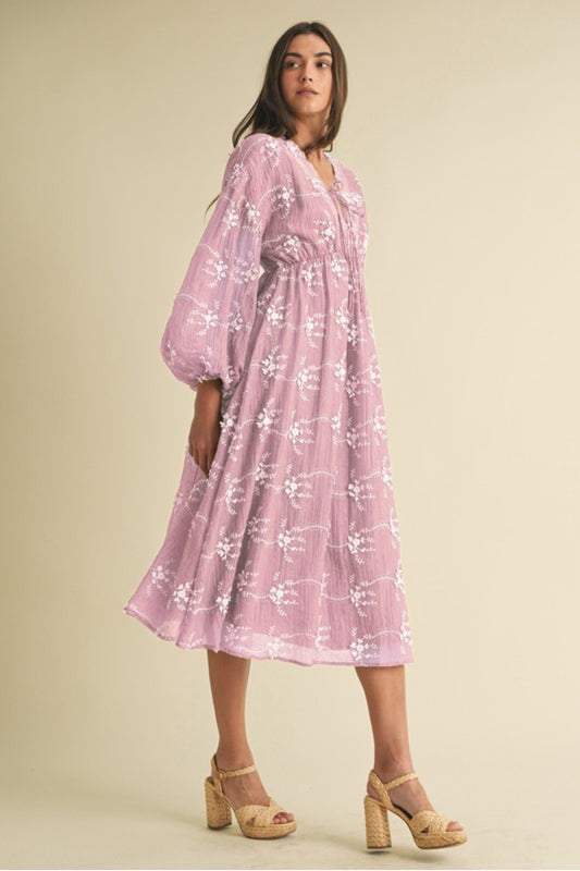 Embroidered Long Sleeve Midi Dress
