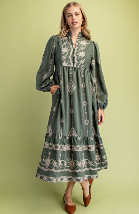 Buttoned V-neck Midi Dress