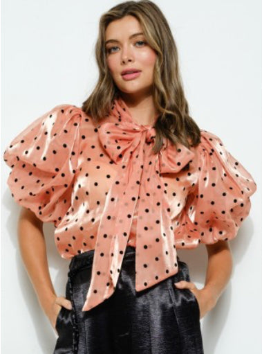Polka Dot Print Puff Sleeve Top