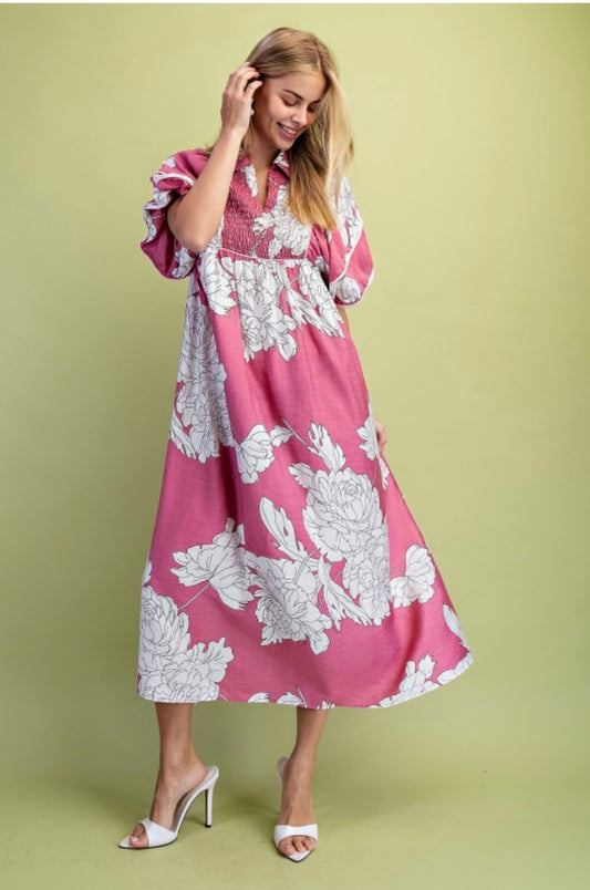 Pink Floral Smocked Midi