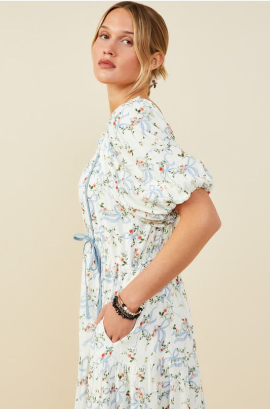 Ribbon Floral Print Puff Sleeve Dress