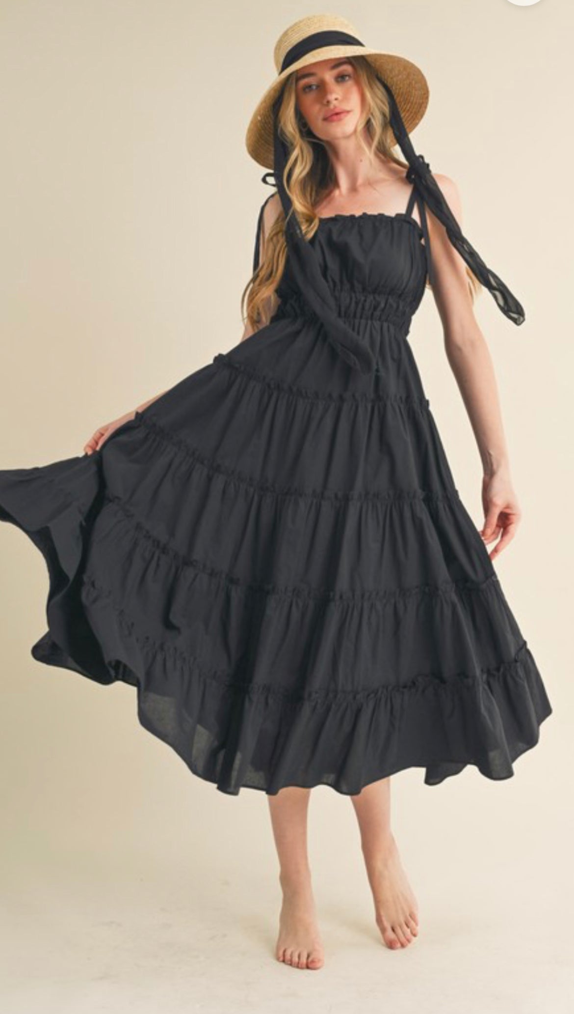 Shoulder Tie Tiered Midi Dress