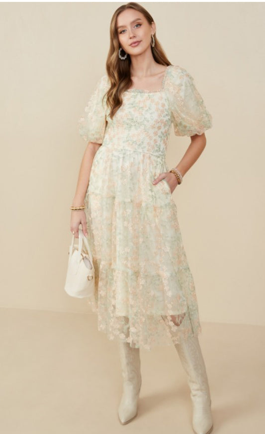 Smocked Floral Mesh Lace Dress
