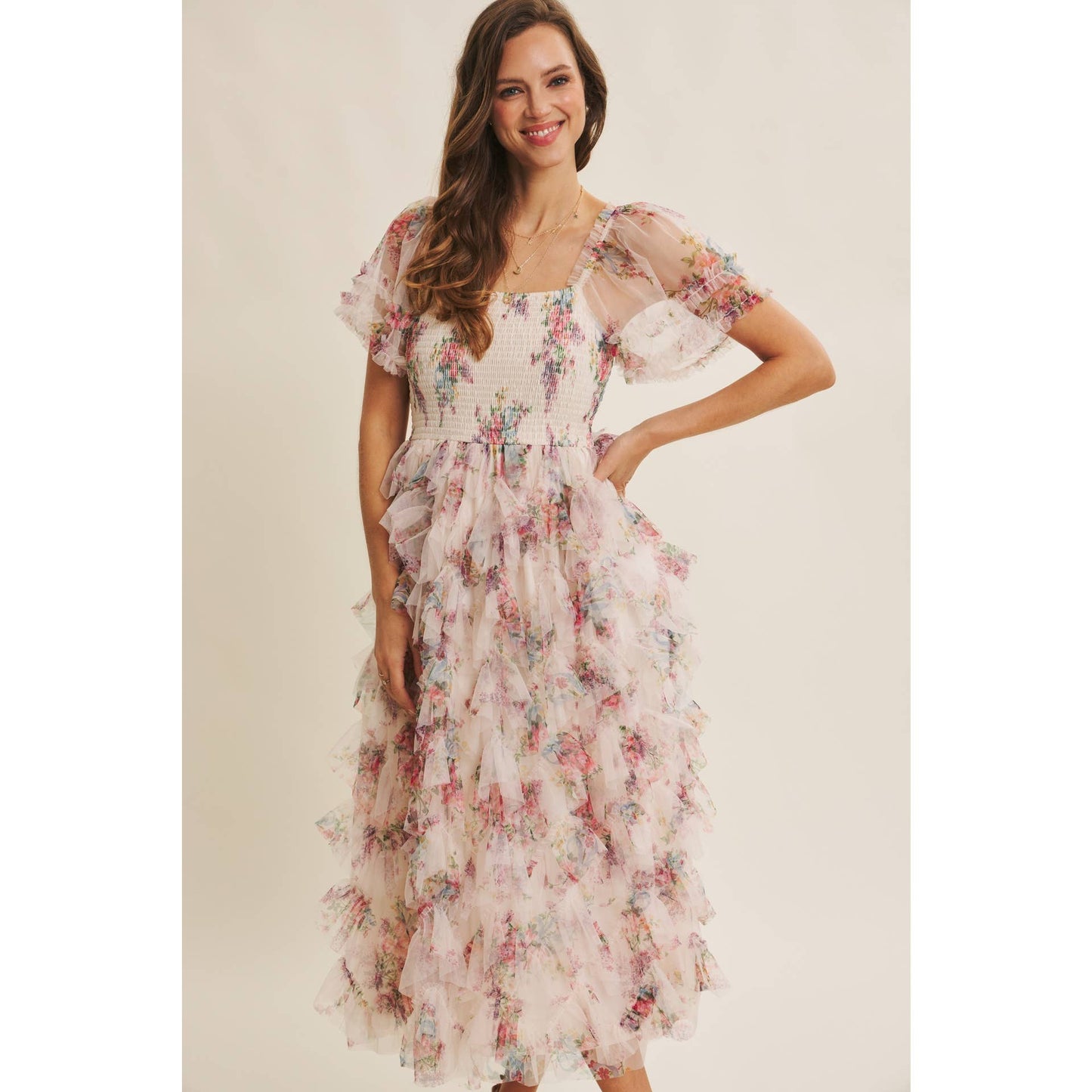 Floral Smocked Ruffle Midi