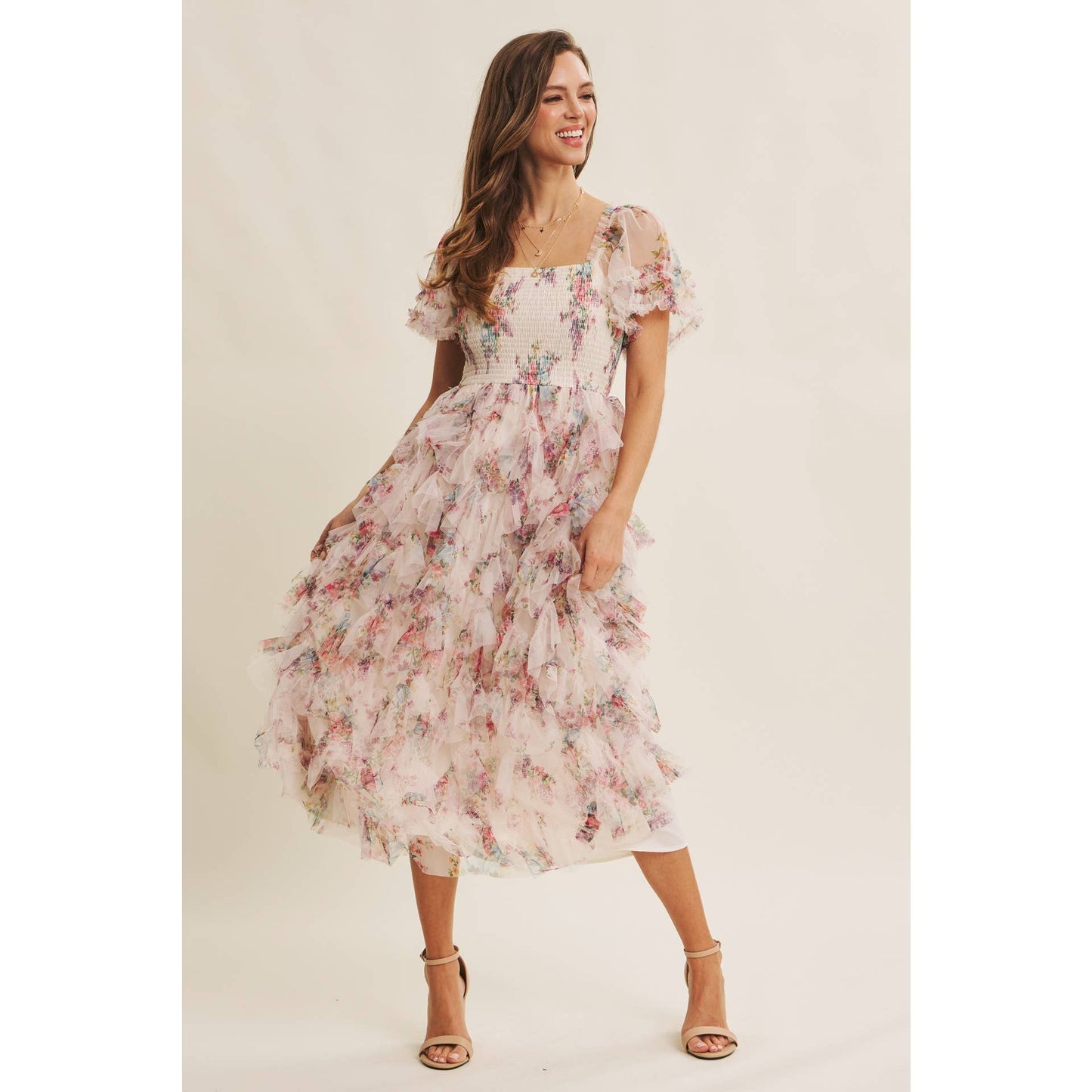 Floral Smocked Ruffle Midi