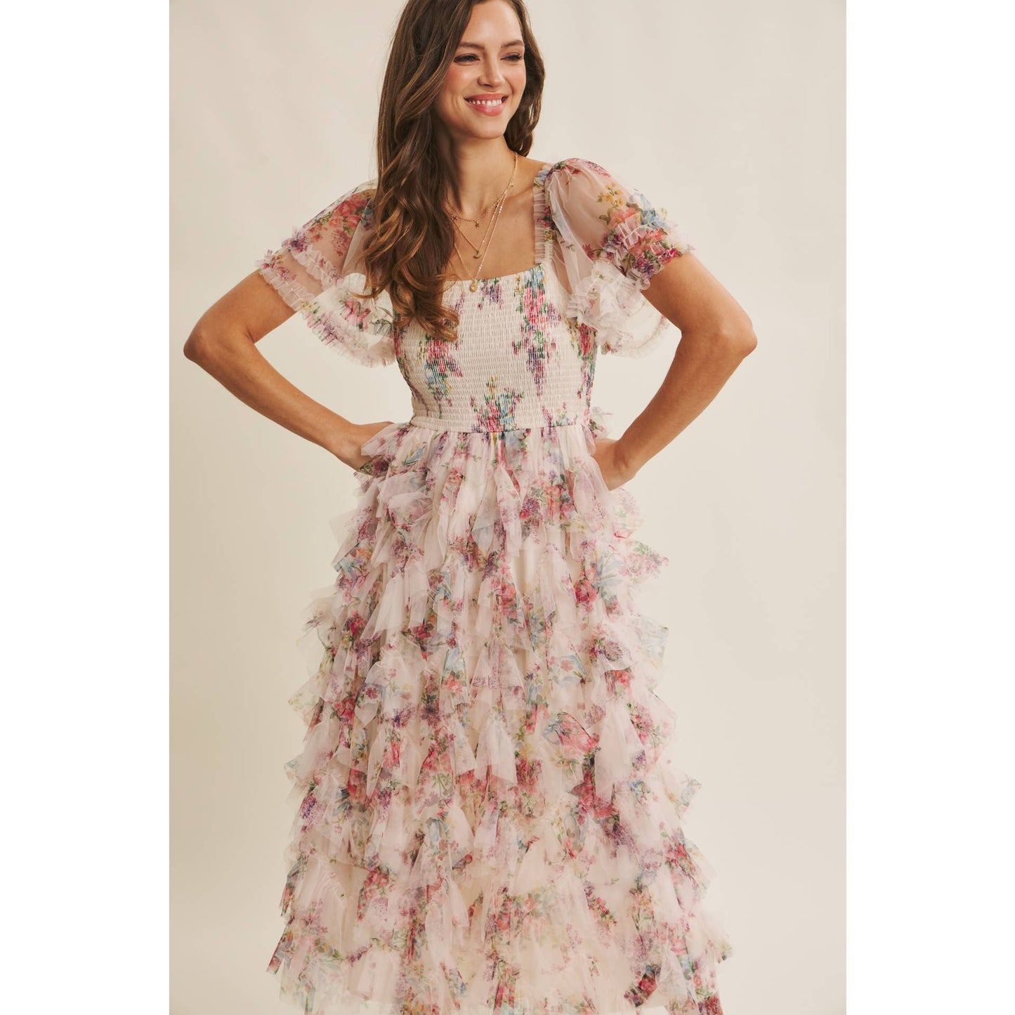 Floral Smocked Ruffle Midi