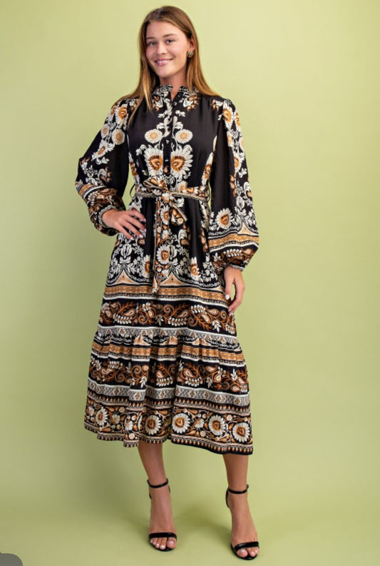 Floral Print Half Button Midi Dress