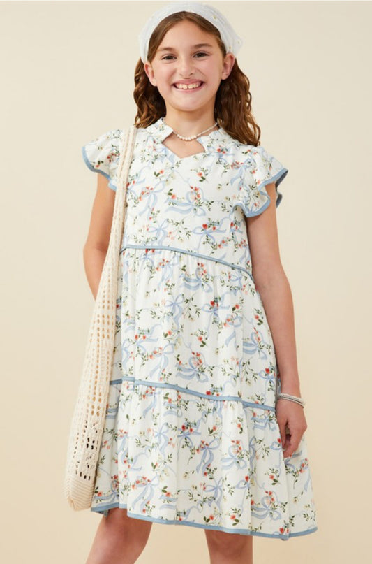Girls Floral Ribbon Print Dress