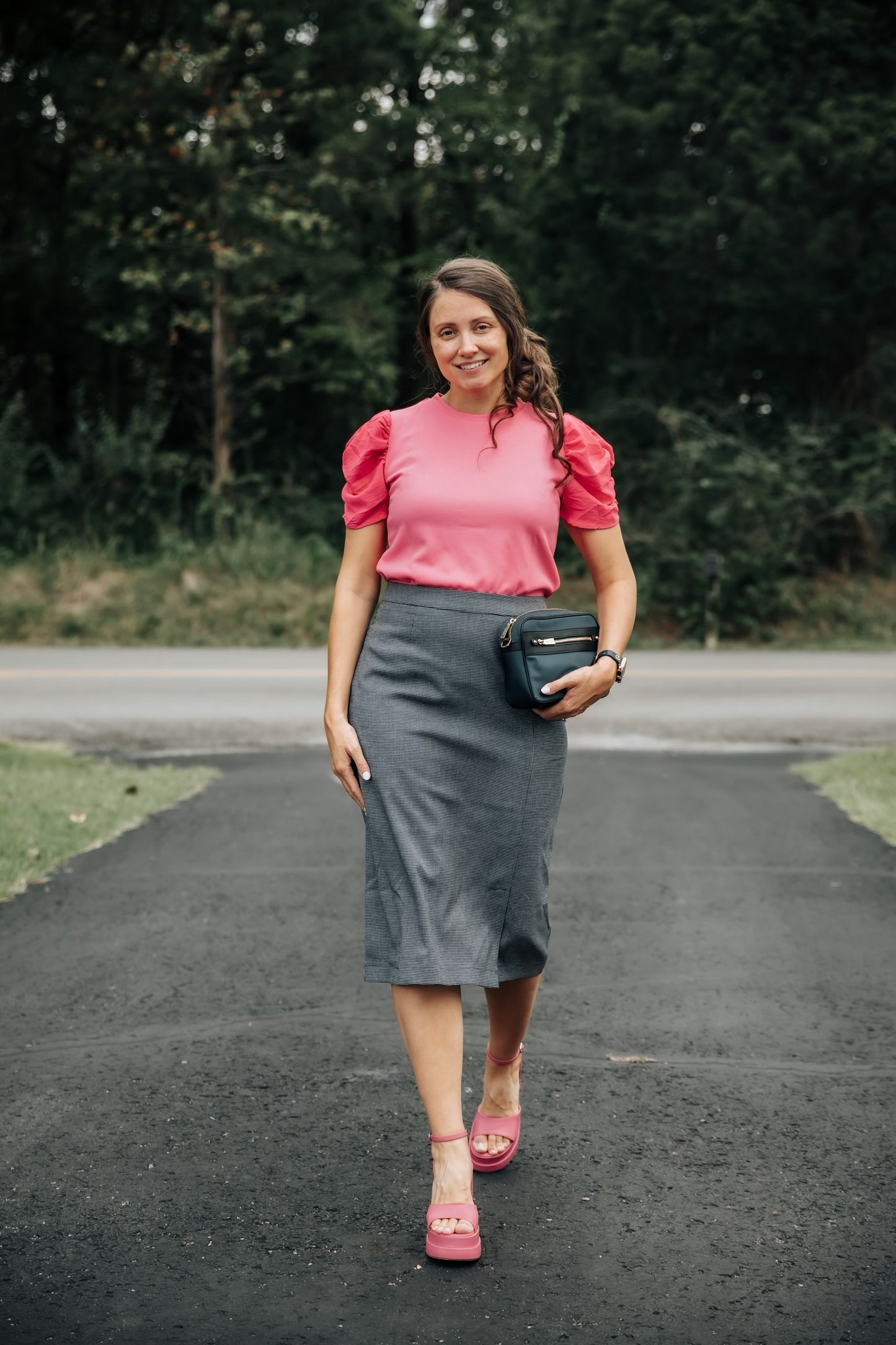 Navy Gingham Slit Skirt