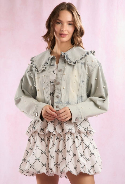 Collared Pearl Denim Jacket