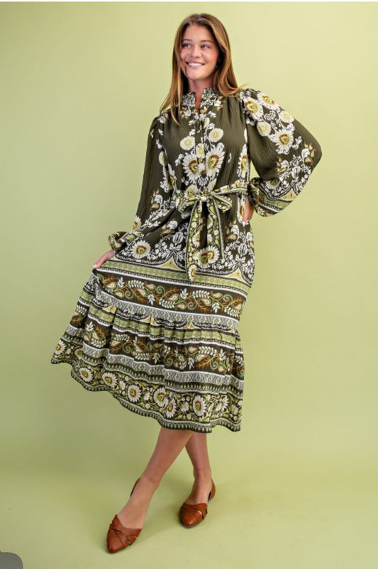 Floral Half Button Midi Dress
