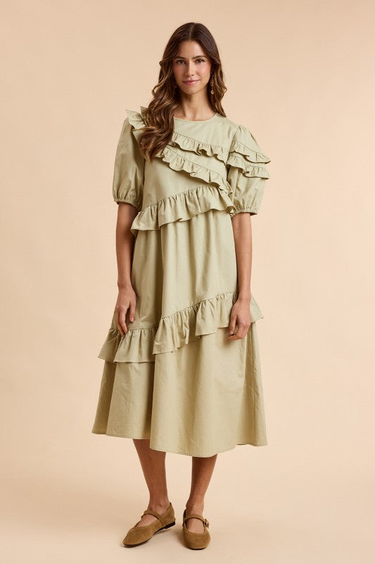 Sage Ruffle Trim Midi
