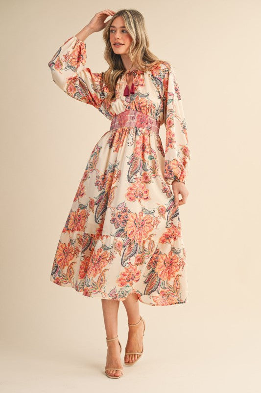Paisley Print Smocked Midi