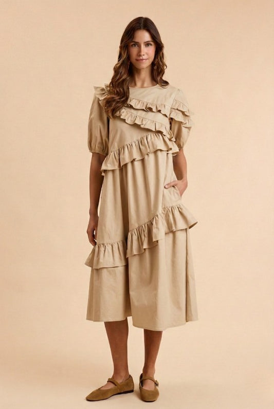 Tan Ruffle Trim Midi