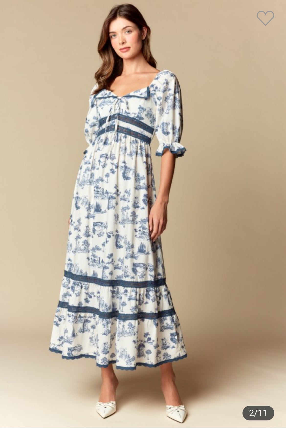 Toile Print Lace Trim Long Dress