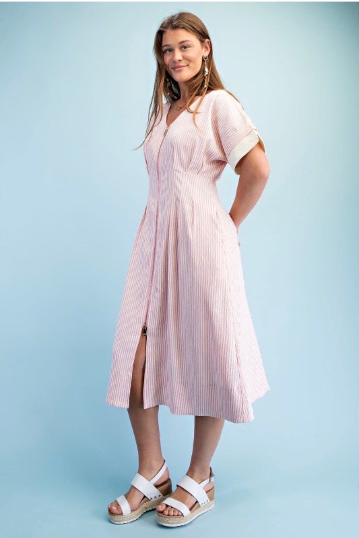 Pink Striped Zipper Midi