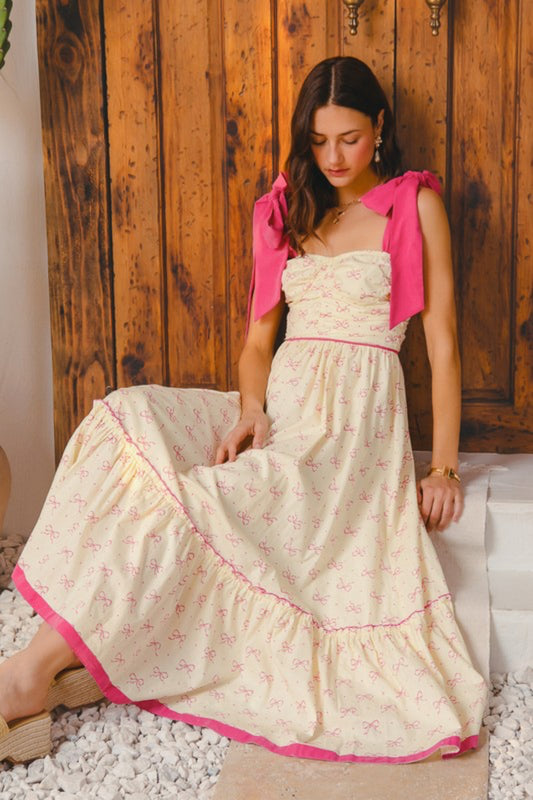 Bow Print Shoulder Tie Dress
