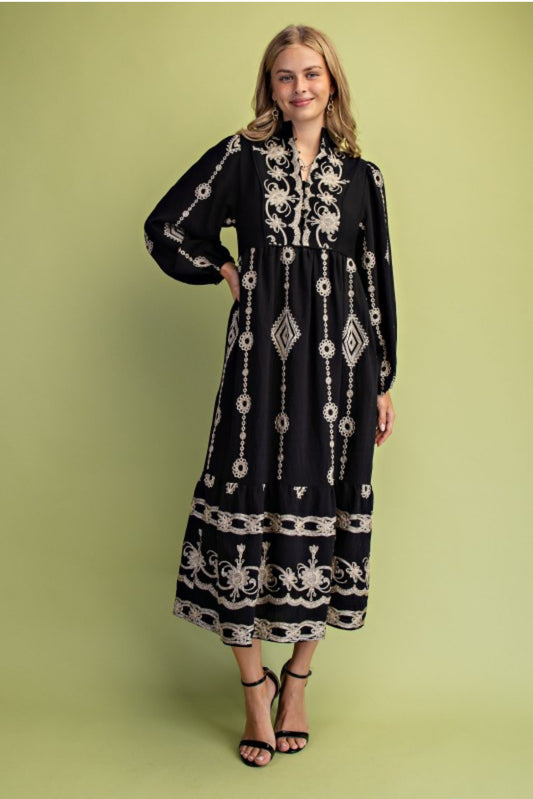 Buttoned V-Neck Midi Dress