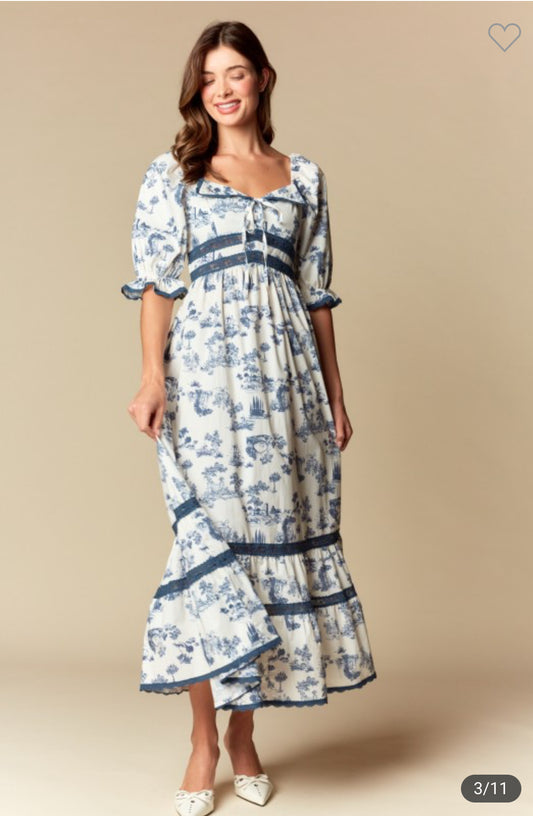 Toile Print Lace Trim Long Dress
