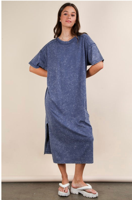 Blue Mineral Washed Midi Dress