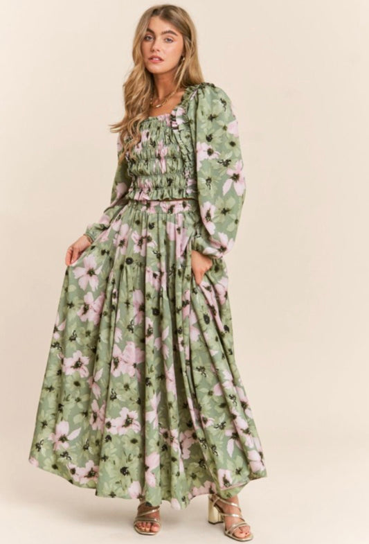 Olive Floral Print Top & Skirt Set