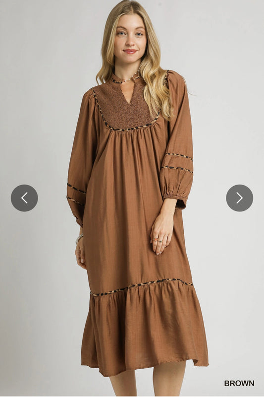 Smocked Yoke Maxi Dress with Leopard Trim