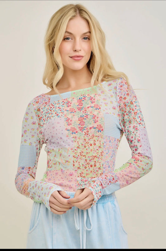 Floral Patch Mesh Top