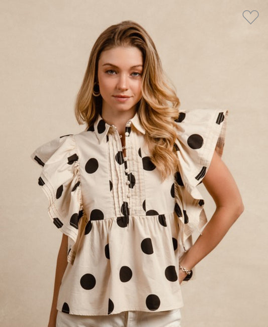 Polka Dot Ruffled Sleeve Top