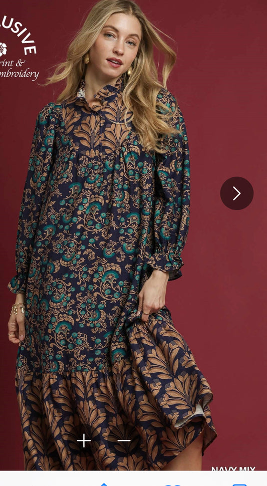 Boho Ruffle Midi Dress with Floral Print