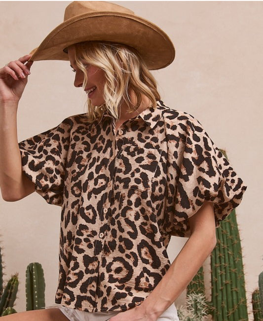 Leopard Puff Sleeve Button Down