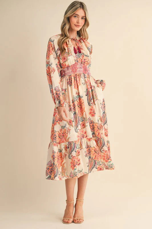 Paisley Print Smocked Midi