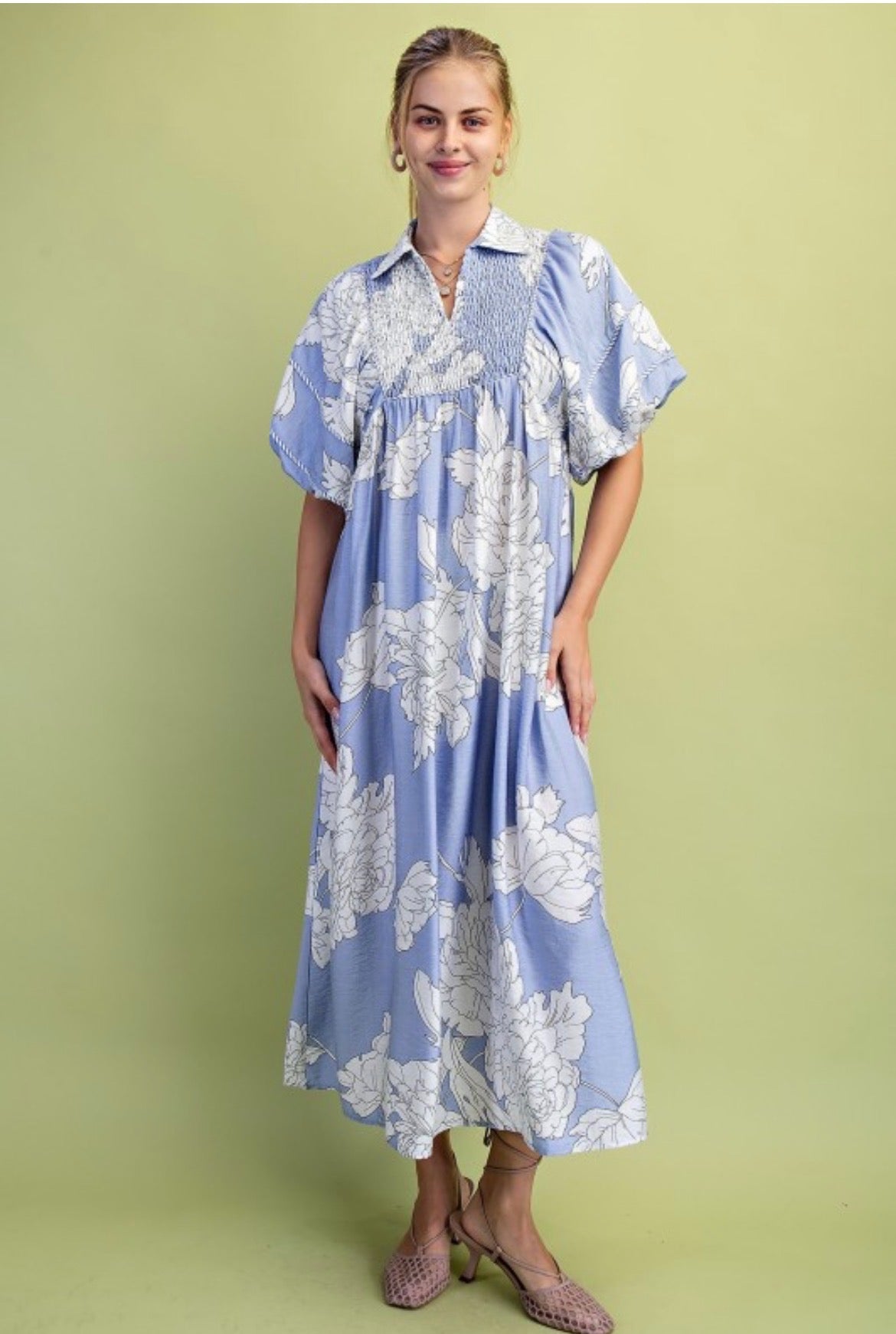 Blue Floral Smocked Midi