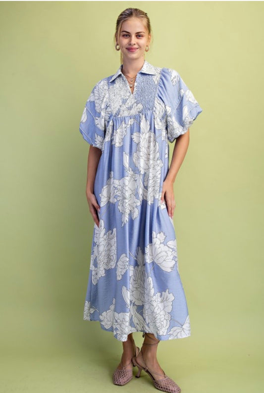 Blue Floral Smocked Midi
