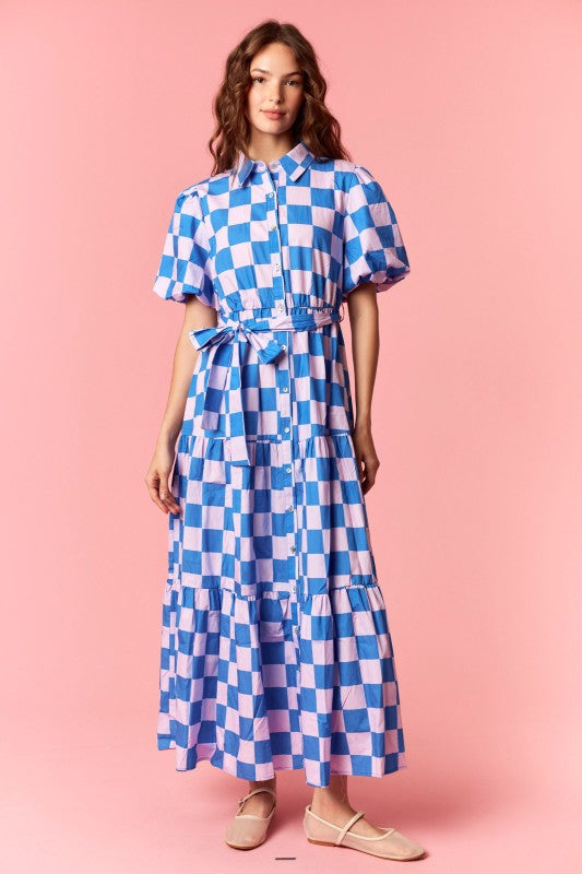 Checkered Poplin Puff Maxi