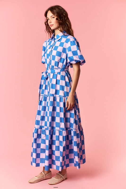 Checkered Poplin Puff Maxi