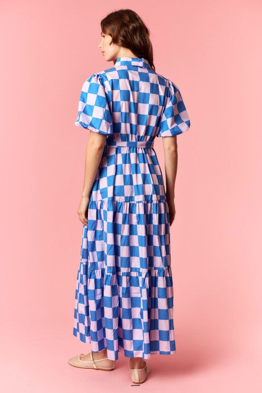 Checkered Poplin Puff Maxi