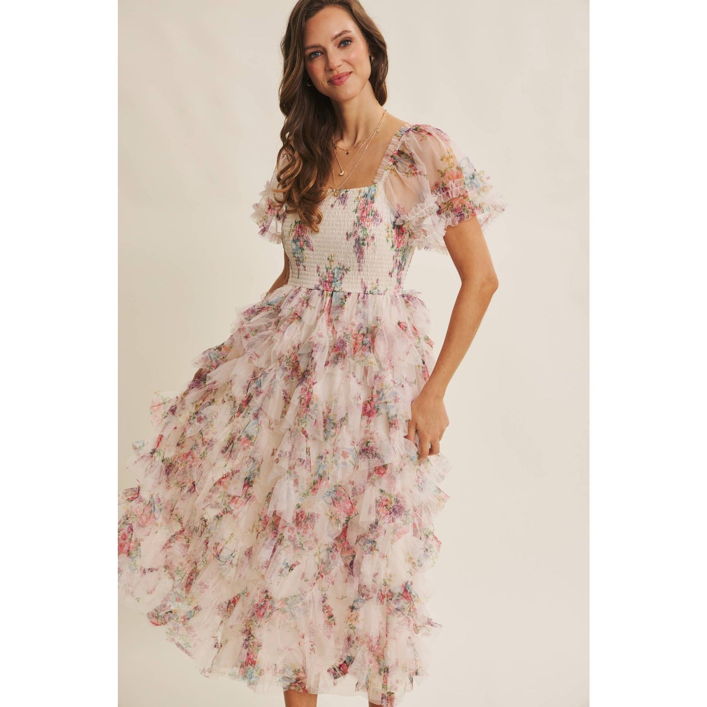 Floral Smocked Ruffle Midi