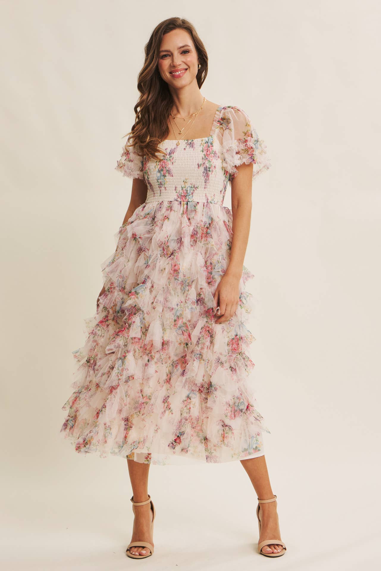 Floral Smocked Ruffle Midi