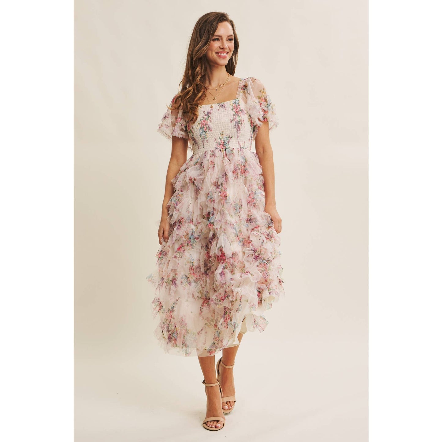 Floral Smocked Ruffle Midi