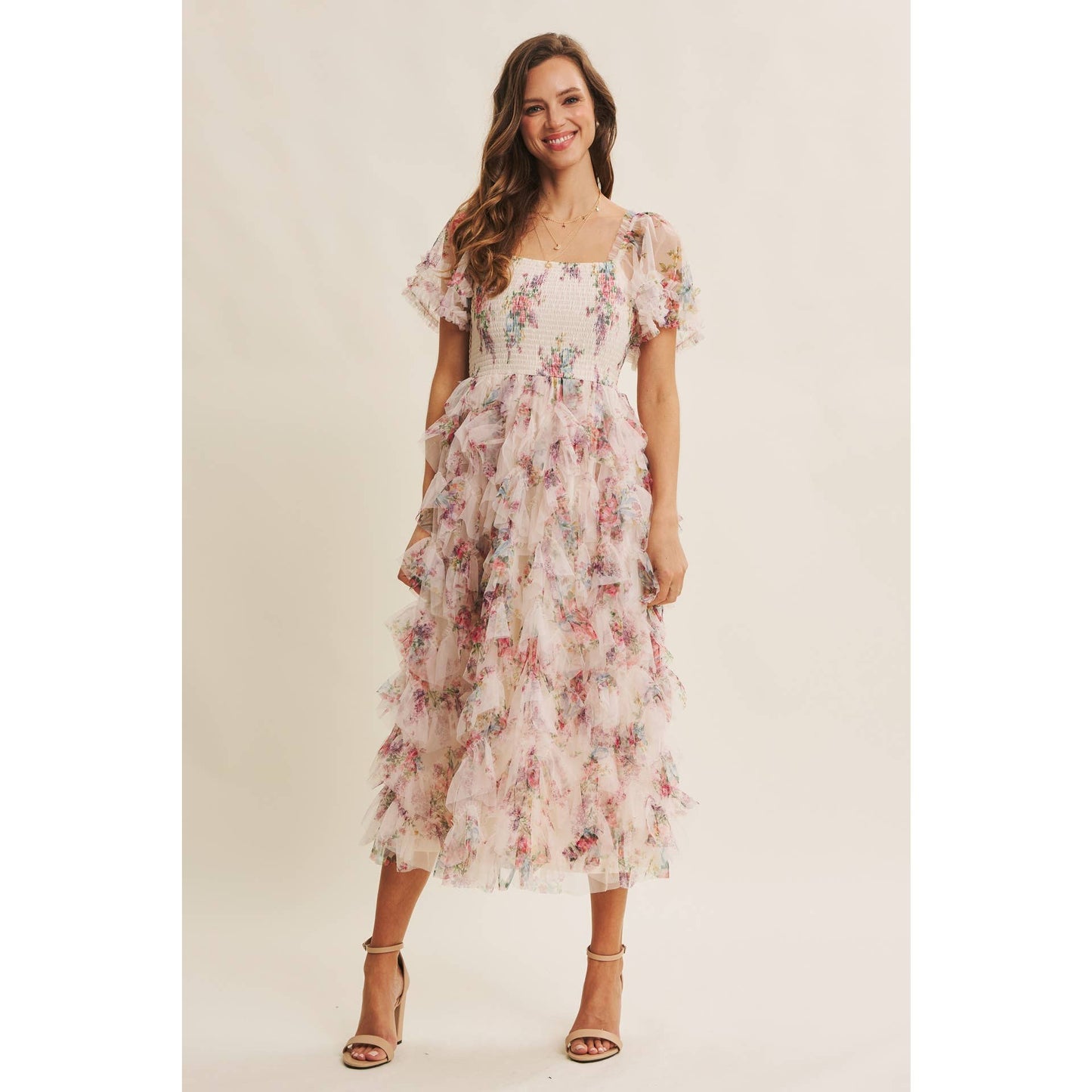 Floral Smocked Ruffle Midi
