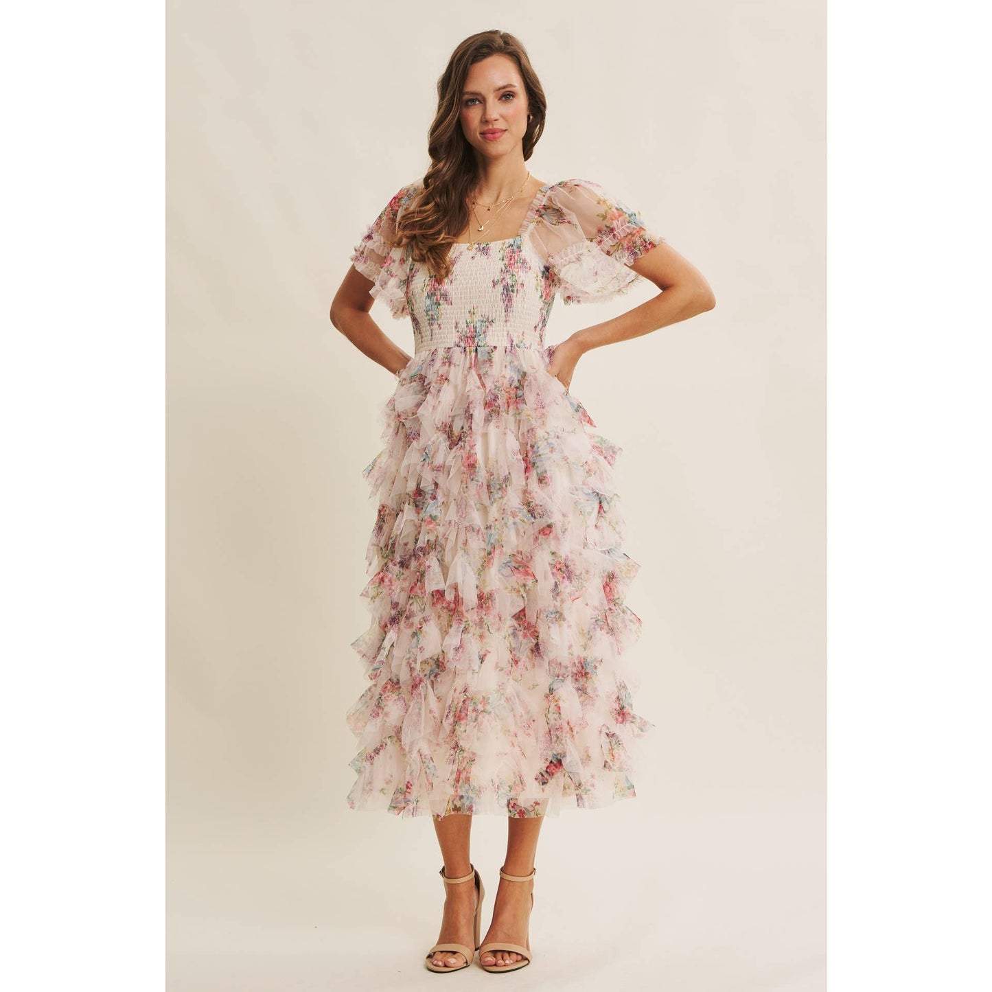 Floral Smocked Ruffle Midi