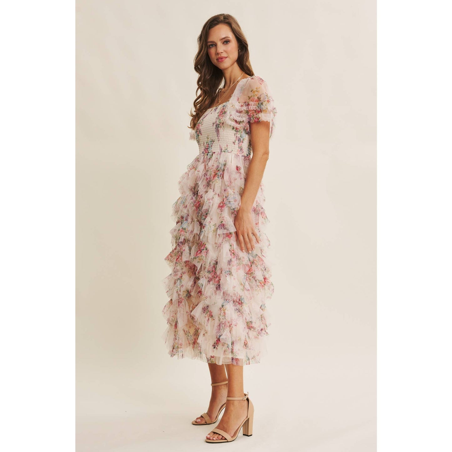 Floral Smocked Ruffle Midi